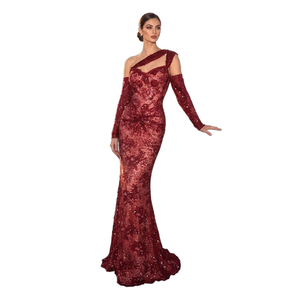 The Jumana – wine red lace one-shoulder mermaid evening gown | Riviera Couture