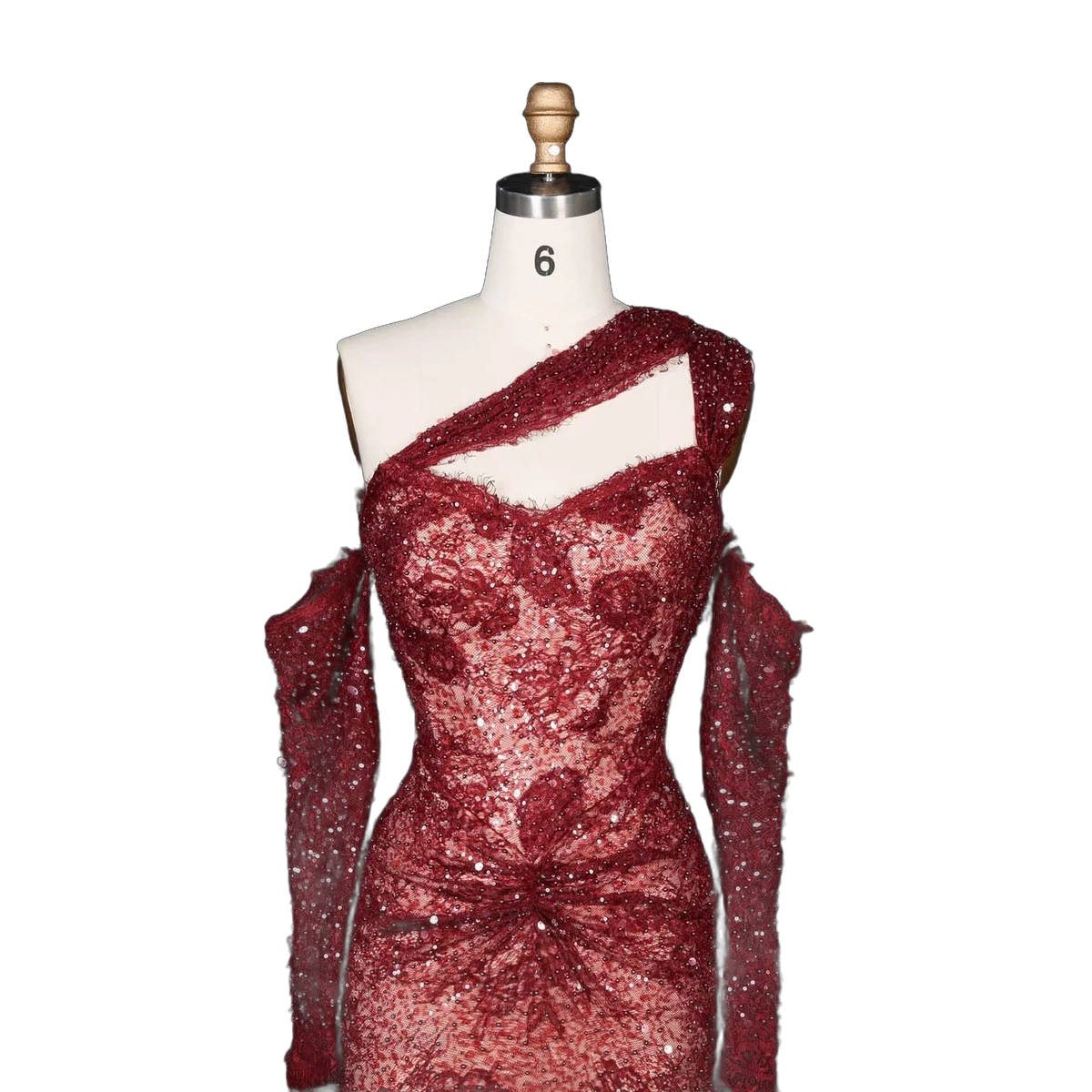 The Jumana – wine red lace one-shoulder mermaid evening gown | Riviera Couture