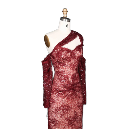 The Jumana – wine red lace one-shoulder mermaid evening gown | Riviera Couture