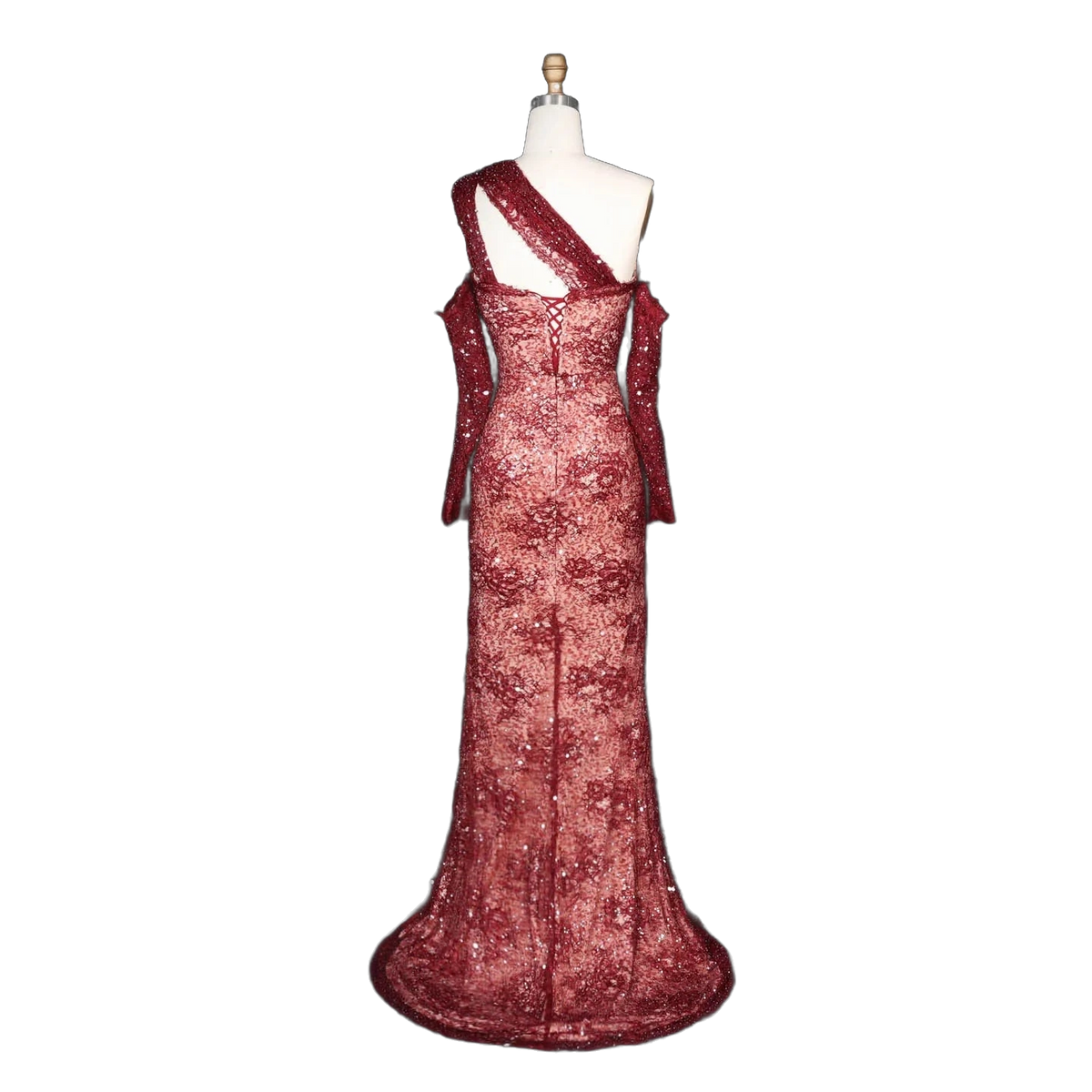 The Jumana – wine red lace one-shoulder mermaid evening gown | Riviera Couture
