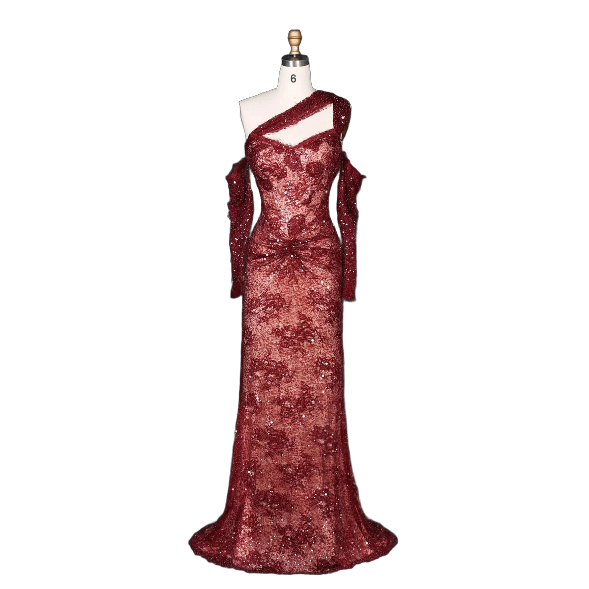 The Jumana – wine red lace one-shoulder mermaid evening gown | Riviera Couture
