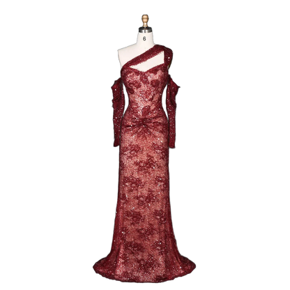 The Jumana – wine red lace one-shoulder mermaid evening gown | Riviera Couture