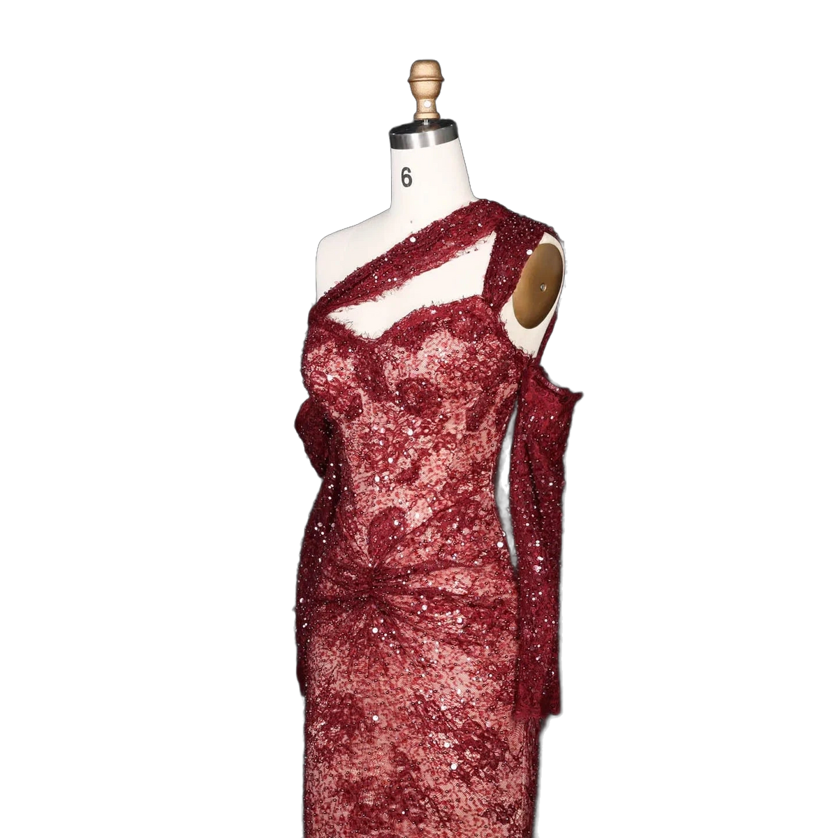 The Jumana – wine red lace one-shoulder mermaid evening gown | Riviera Couture