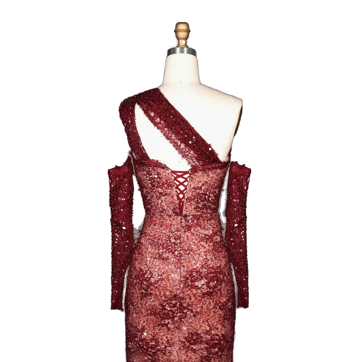 The Jumana – wine red lace one-shoulder mermaid evening gown | Riviera Couture