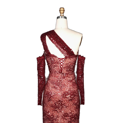 The Jumana – wine red lace one-shoulder mermaid evening gown | Riviera Couture