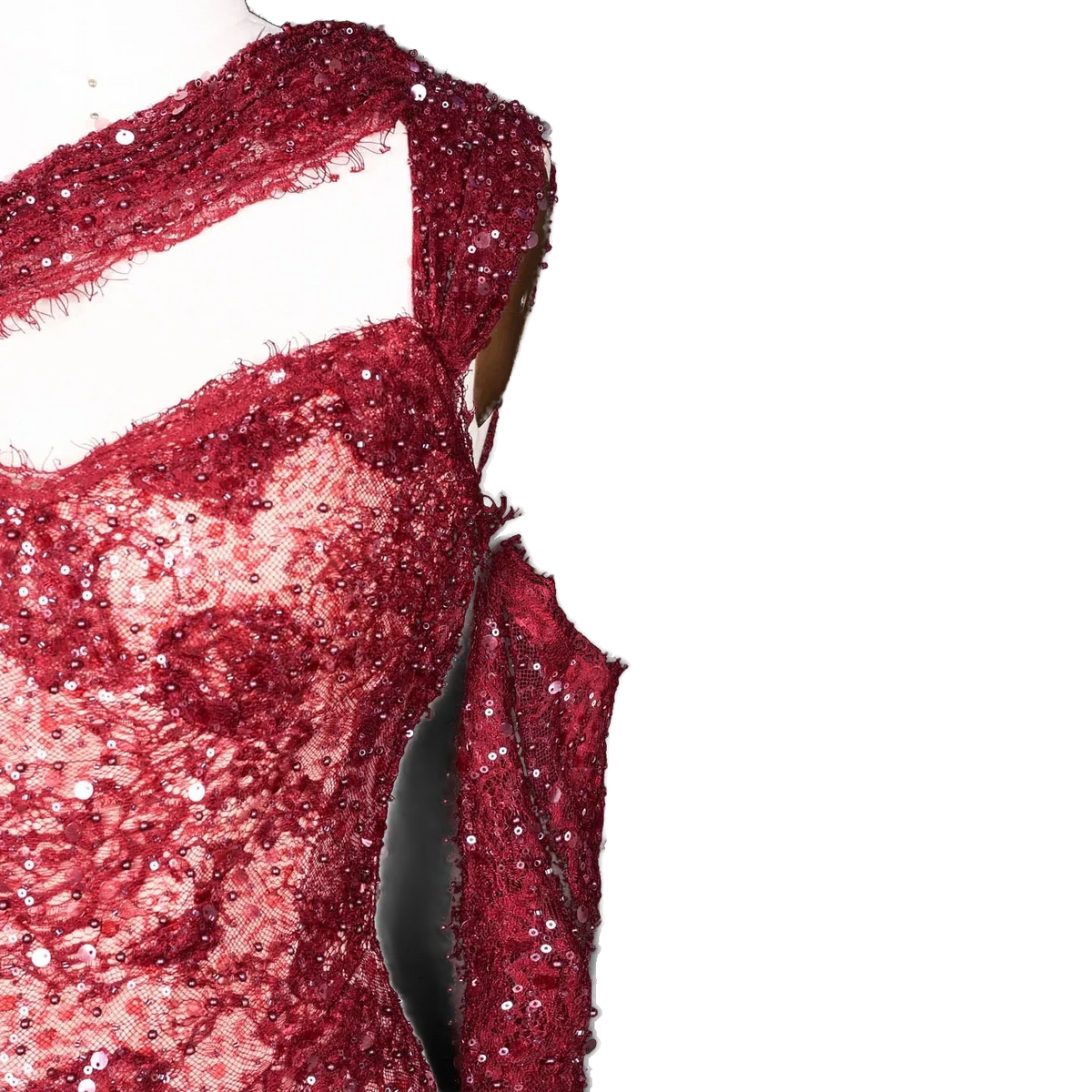 The Jumana – wine red lace one-shoulder mermaid evening gown | Riviera Couture