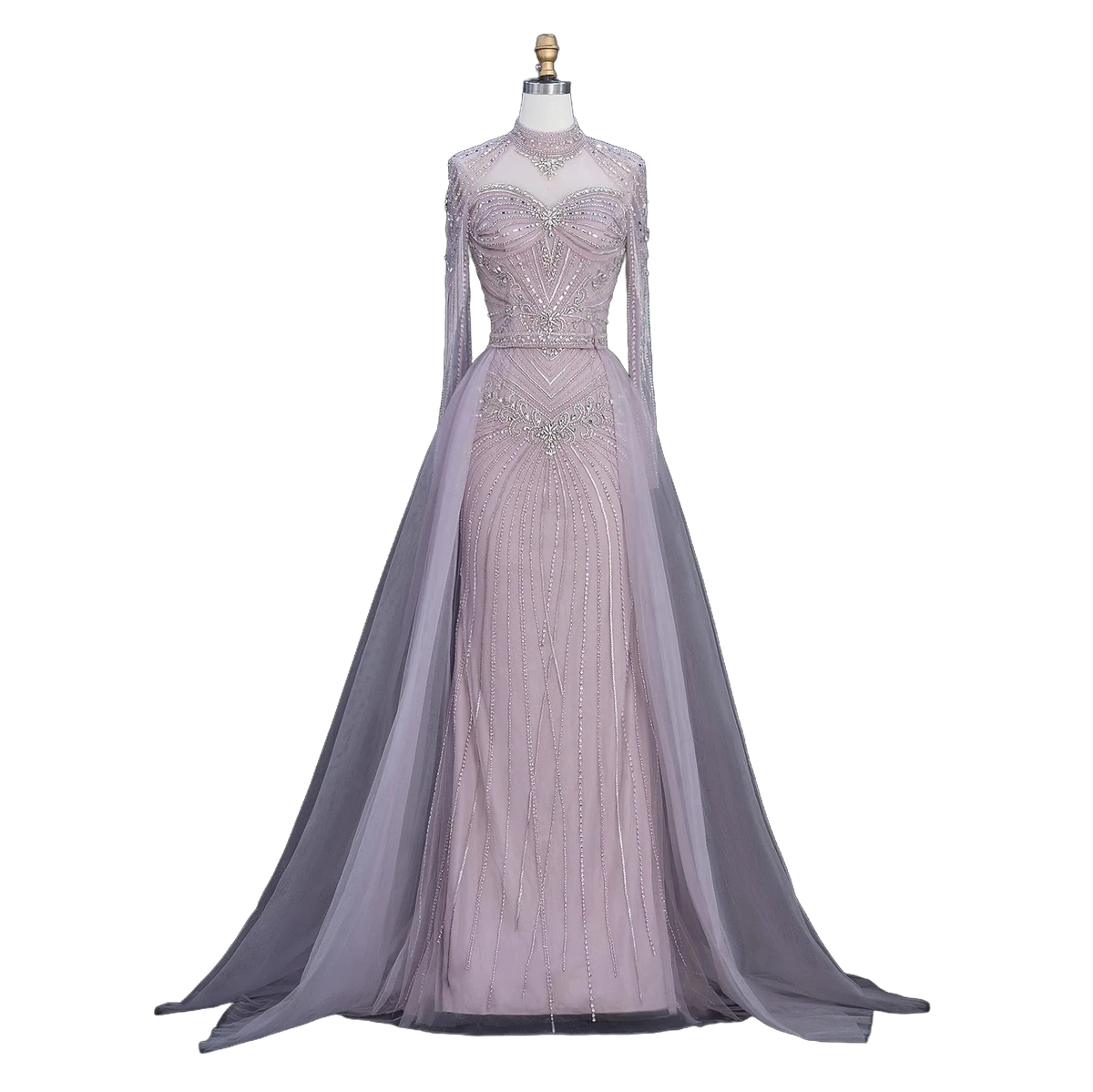 The Ghaida in pink – high neck long sleeve beaded mermaid evening gown | Riviera Couture