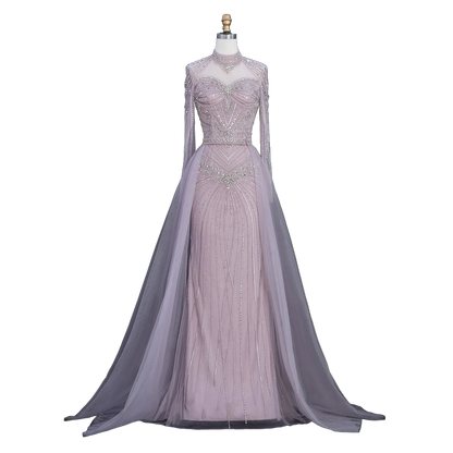 The Ghaida in pink – high neck long sleeve beaded mermaid evening gown | Riviera Couture