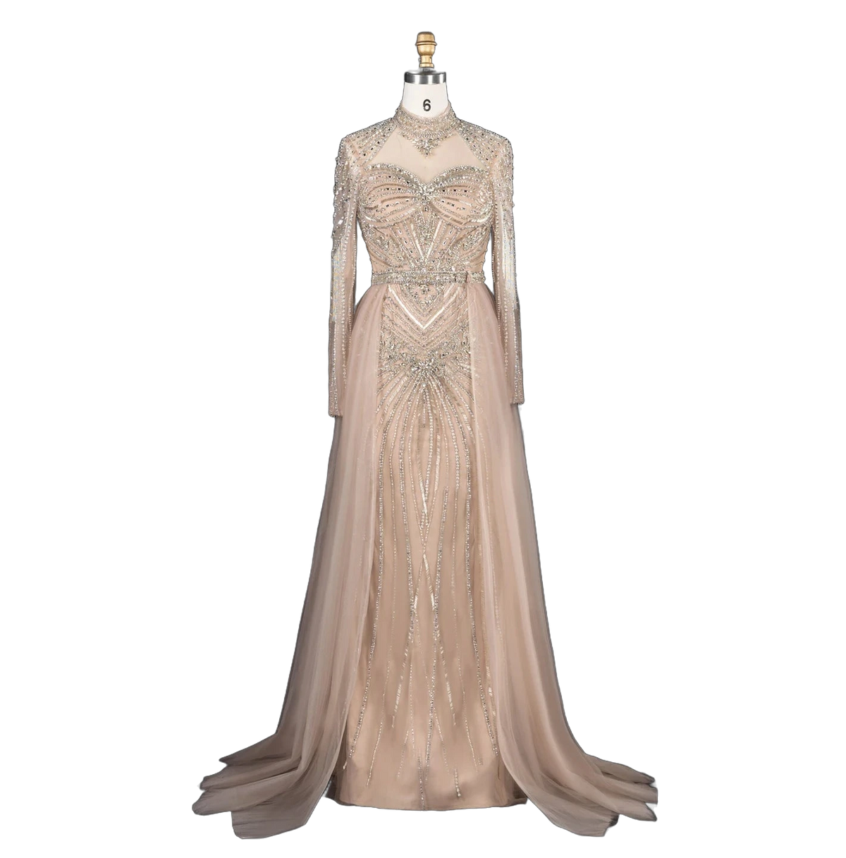 The Ghaida in champagne – high neck long sleeve beaded mermaid evening gown | Riviera Couture