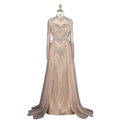 The Ghaida in champagne – high neck long sleeve beaded mermaid evening gown | Riviera Couture