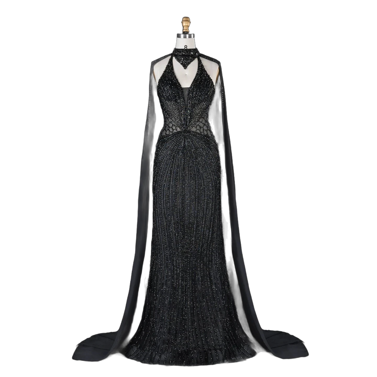 The Sundus in black – crystal beaded high neck mermaid gown with cape | Riviera Couture