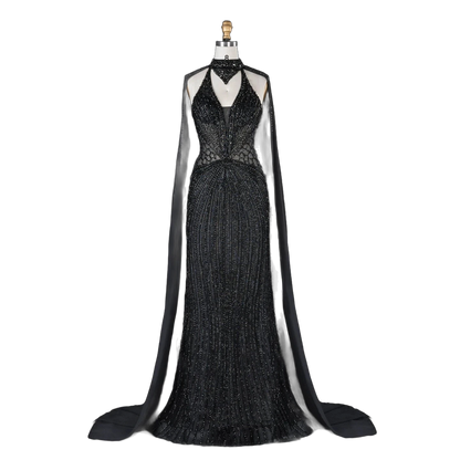 The Sundus in black – crystal beaded high neck mermaid gown with cape | Riviera Couture