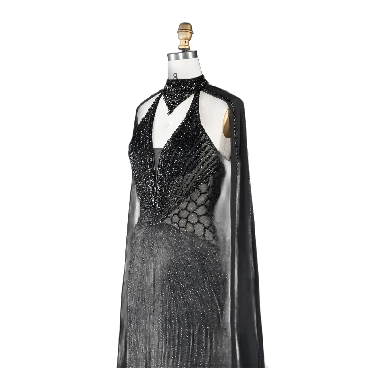 The Sundus – crystal beaded high neck mermaid gown with cape | Riviera Couture