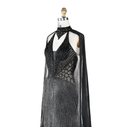 The Sundus – crystal beaded high neck mermaid gown with cape | Riviera Couture