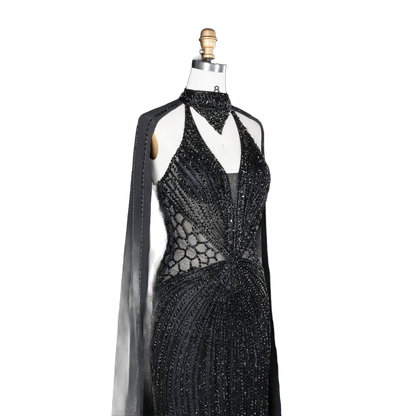 The Sundus – crystal beaded high neck mermaid gown with cape | Riviera Couture