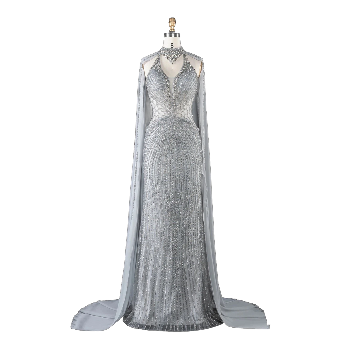 The Sundus in gray – crystal beaded high neck mermaid gown with cape | Riviera Couture