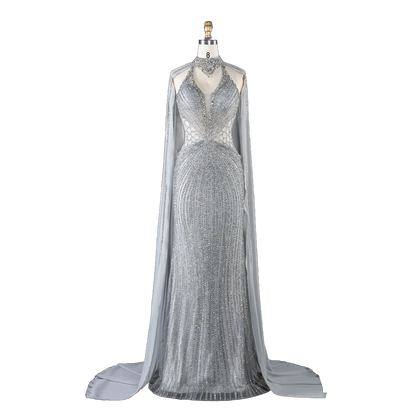 The Sundus in gray – crystal beaded high neck mermaid gown with cape | Riviera Couture