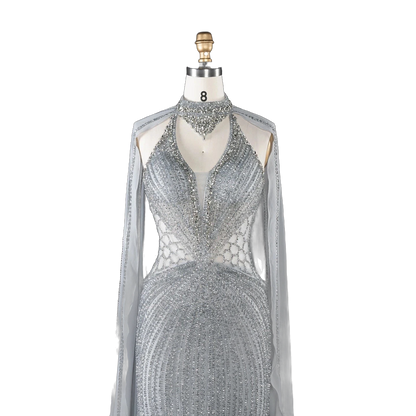 The Sundus – crystal beaded high neck mermaid gown with cape | Riviera Couture