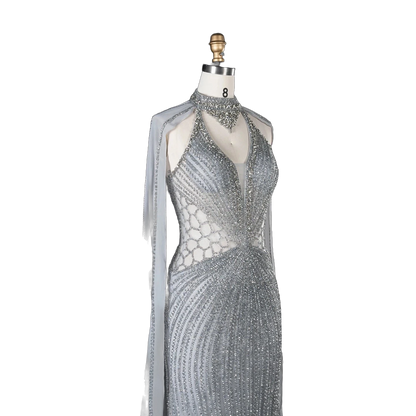 The Sundus – crystal beaded high neck mermaid gown with cape | Riviera Couture