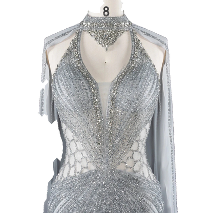 The Sundus – crystal beaded high neck mermaid gown with cape | Riviera Couture