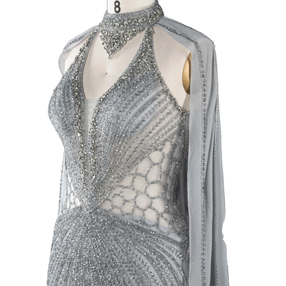 The Sundus – crystal beaded high neck mermaid gown with cape | Riviera Couture
