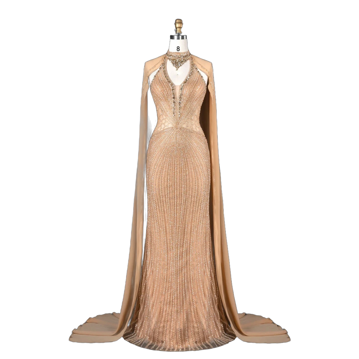 The Sundus in champagne – crystal beaded high neck mermaid gown with cape | Riviera Couture