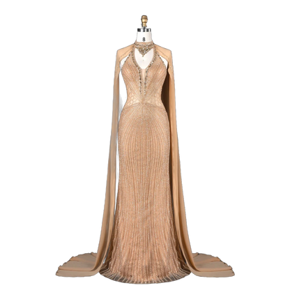 The Sundus in champagne – crystal beaded high neck mermaid gown with cape | Riviera Couture