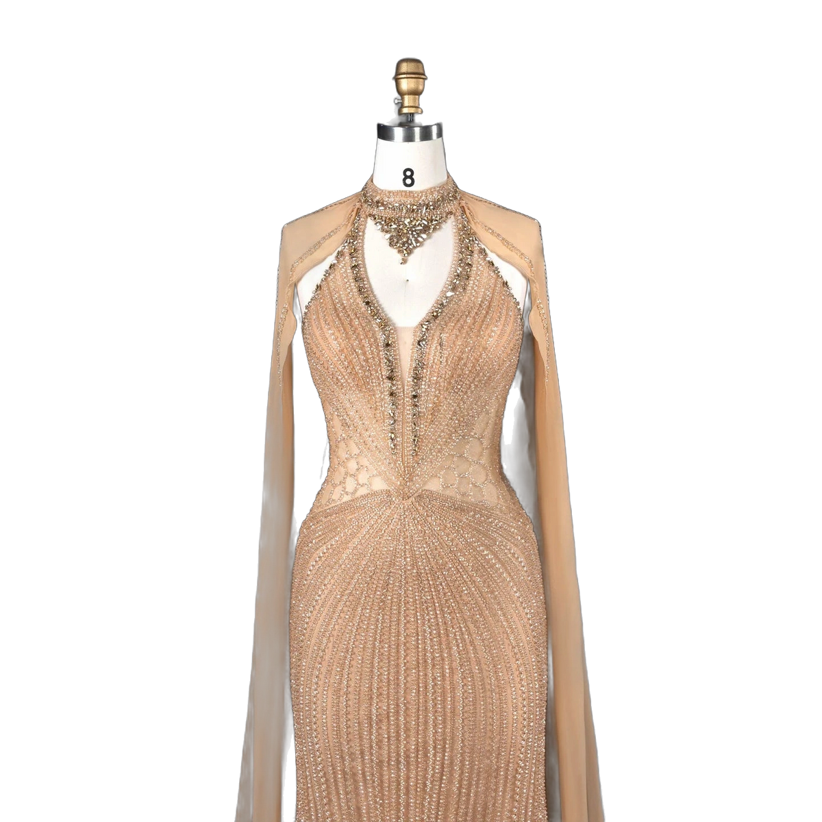The Sundus – crystal beaded high neck mermaid gown with cape | Riviera Couture