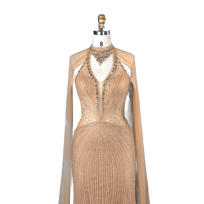 The Sundus – crystal beaded high neck mermaid gown with cape | Riviera Couture