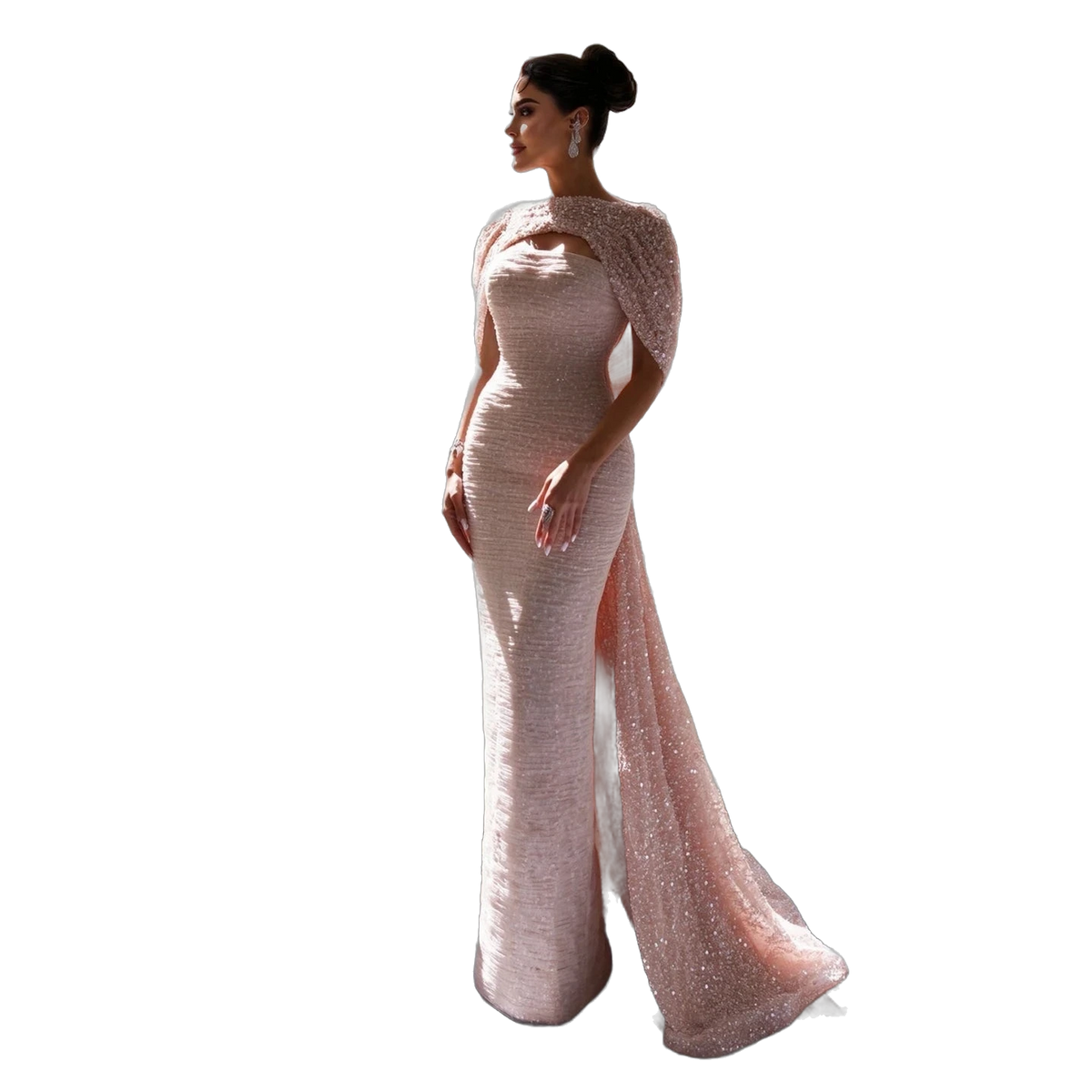 The Rozana – blush pink two-piece cape sleeve evening gown | Riviera Couture