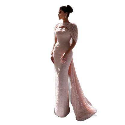 The Rozana – blush pink two-piece cape sleeve evening gown | Riviera Couture