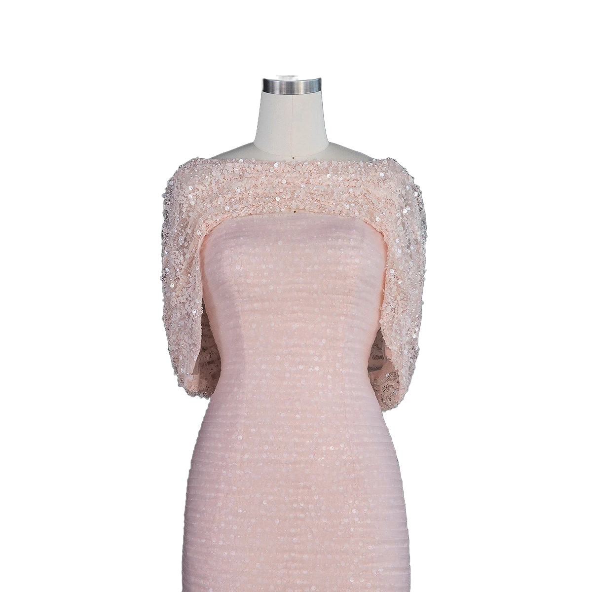 The Rozana – blush pink two-piece cape sleeve evening gown | Riviera Couture
