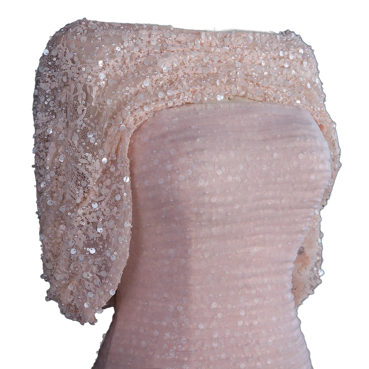 The Rozana – blush pink two-piece cape sleeve evening gown | Riviera Couture