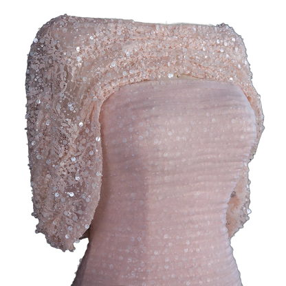 The Rozana – blush pink two-piece cape sleeve evening gown | Riviera Couture
