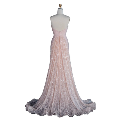 The Rozana – blush pink two-piece cape sleeve evening gown | Riviera Couture
