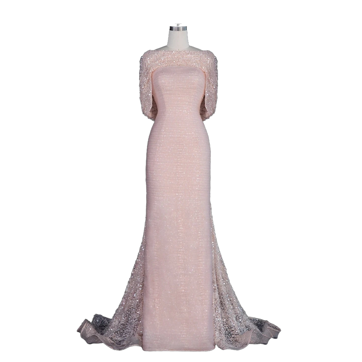 The Rozana – blush pink two-piece cape sleeve evening gown | Riviera Couture