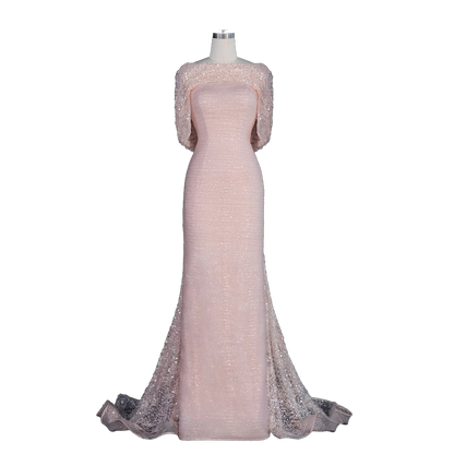 The Rozana – blush pink two-piece cape sleeve evening gown | Riviera Couture