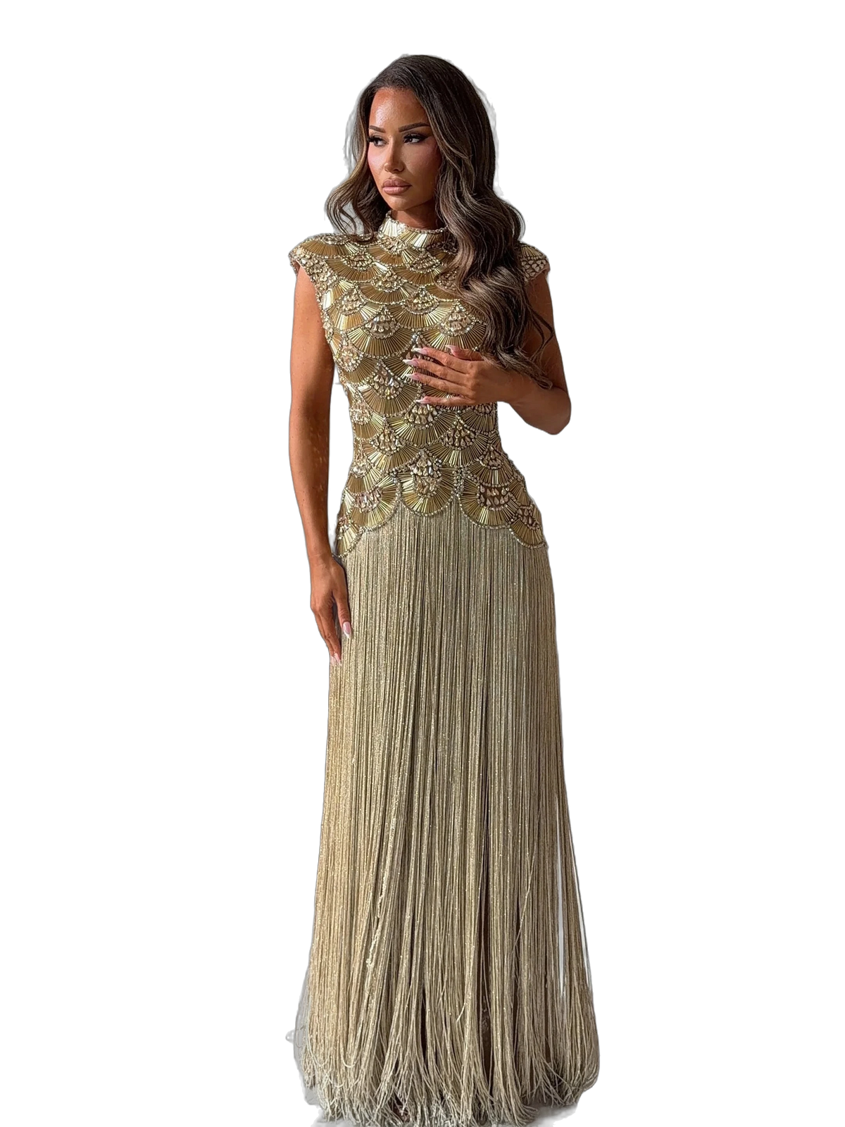 The Shaden – gold heavy beaded high neck fringe evening gown | Riviera Couture