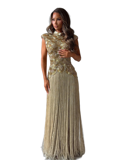 The Shaden – gold heavy beaded high neck fringe evening gown | Riviera Couture