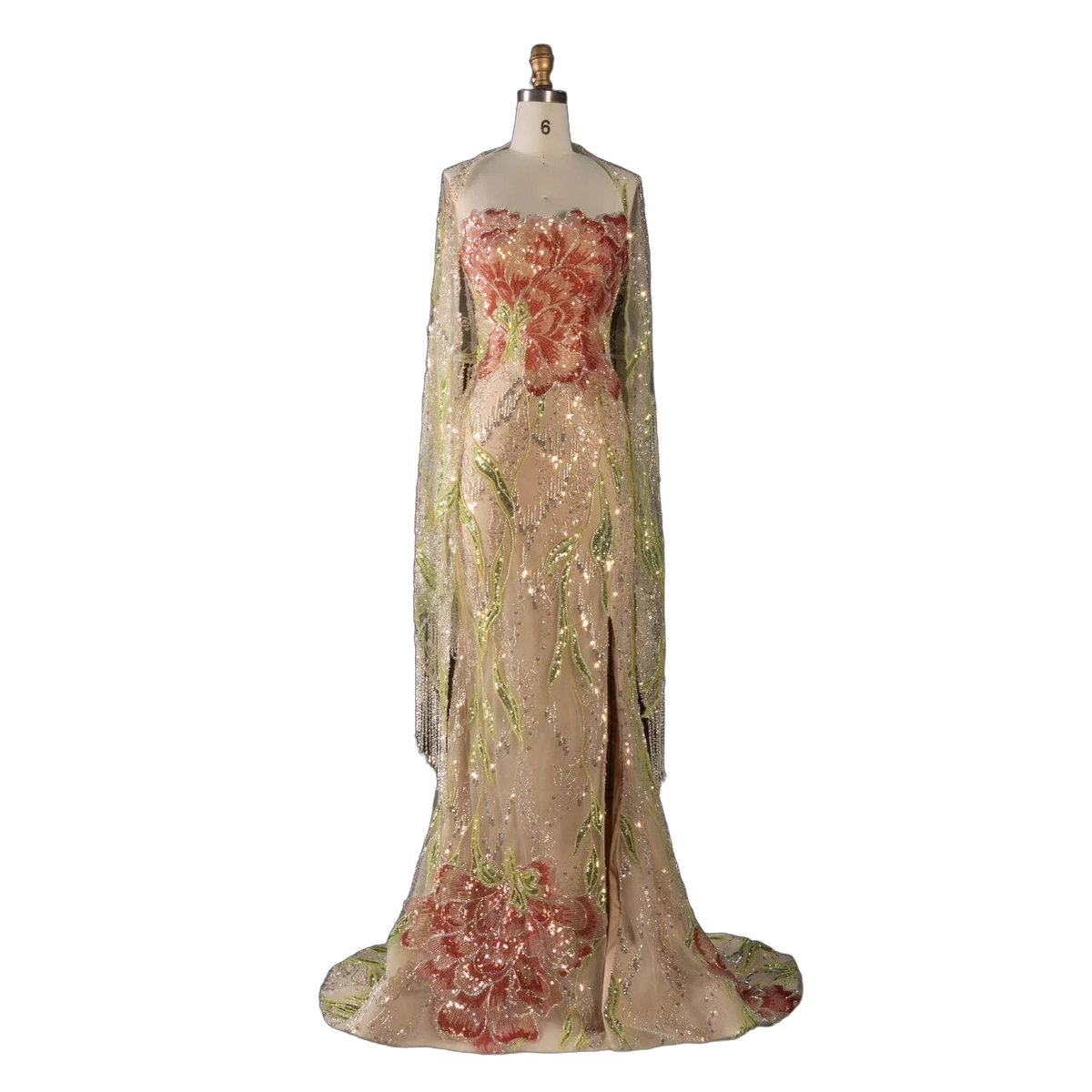 The Sadeem – champagne sequin mermaid evening gown with cape | Riviera Couture