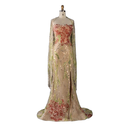 The Sadeem – champagne sequin mermaid evening gown with cape | Riviera Couture