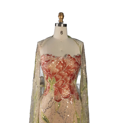 The Sadeem – champagne sequin mermaid evening gown with cape | Riviera Couture