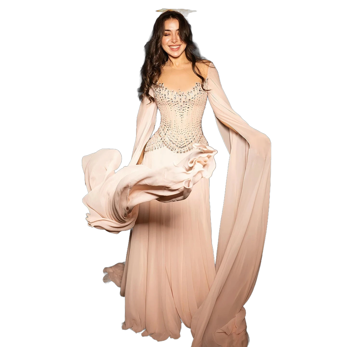 The Rahaf – pink beaded cape sleeve A-line evening gown | Riviera Couture