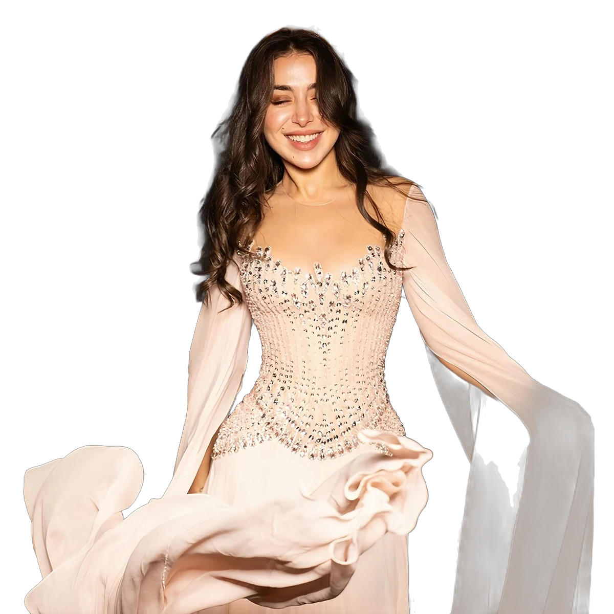 The Rahaf – pink beaded cape sleeve A-line evening gown | Riviera Couture