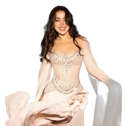 The Rahaf – pink beaded cape sleeve A-line evening gown | Riviera Couture