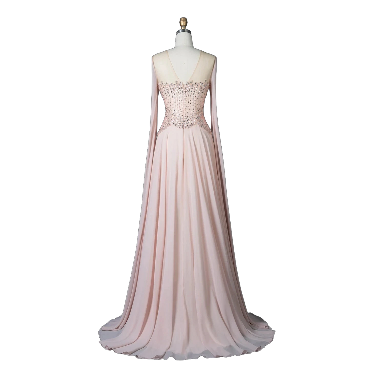 The Rahaf – pink beaded cape sleeve A-line evening gown | Riviera Couture