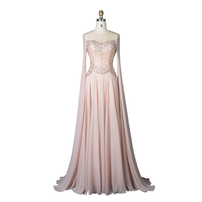 The Rahaf – pink beaded cape sleeve A-line evening gown | Riviera Couture