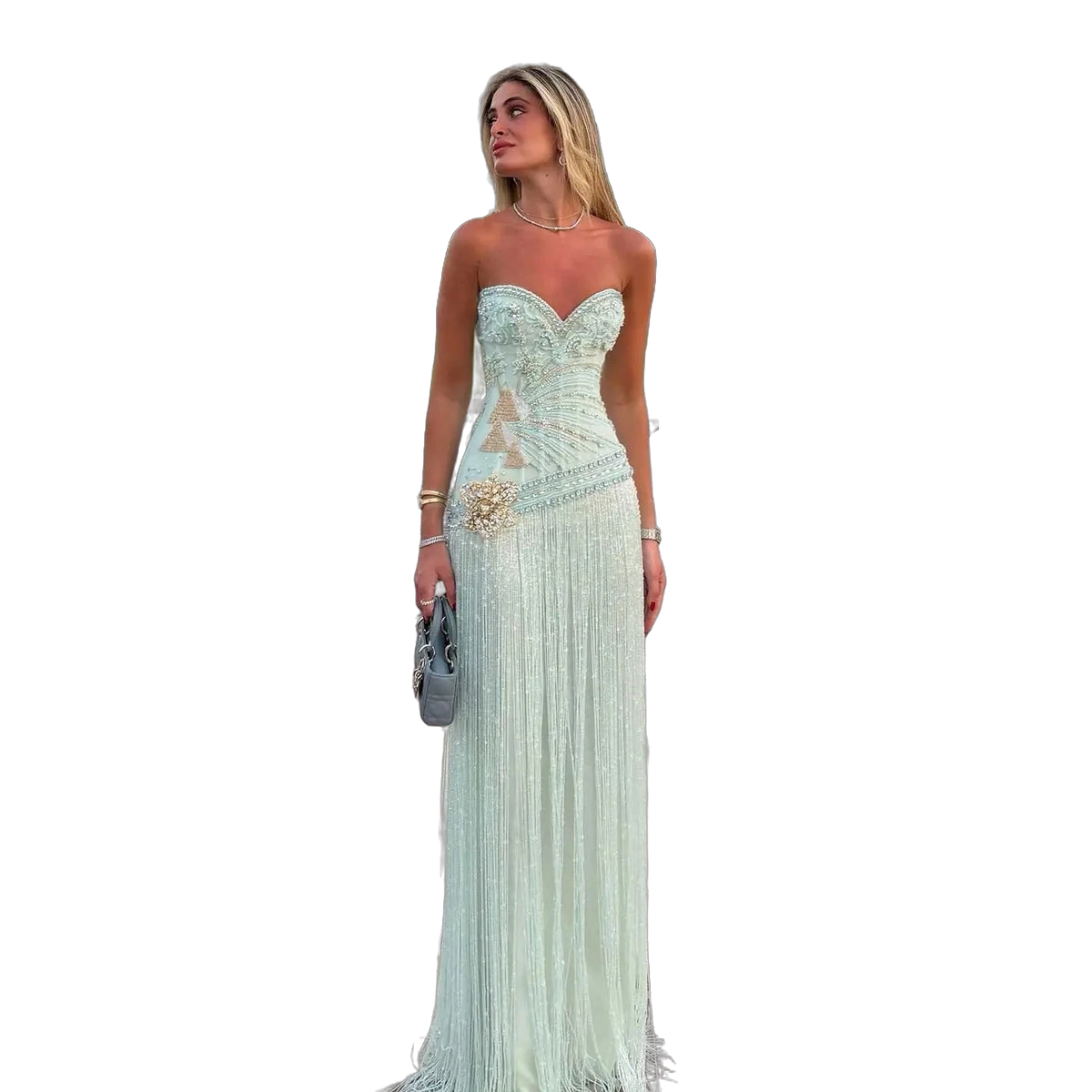 The Fayrouz – aqua beaded tassel mermaid evening gown | Riviera Couture