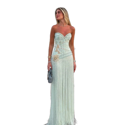 The Fayrouz – aqua beaded tassel mermaid evening gown | Riviera Couture