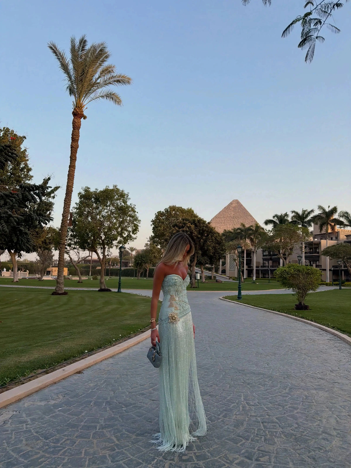 The Fayrouz – aqua beaded tassel mermaid evening gown | Riviera Couture